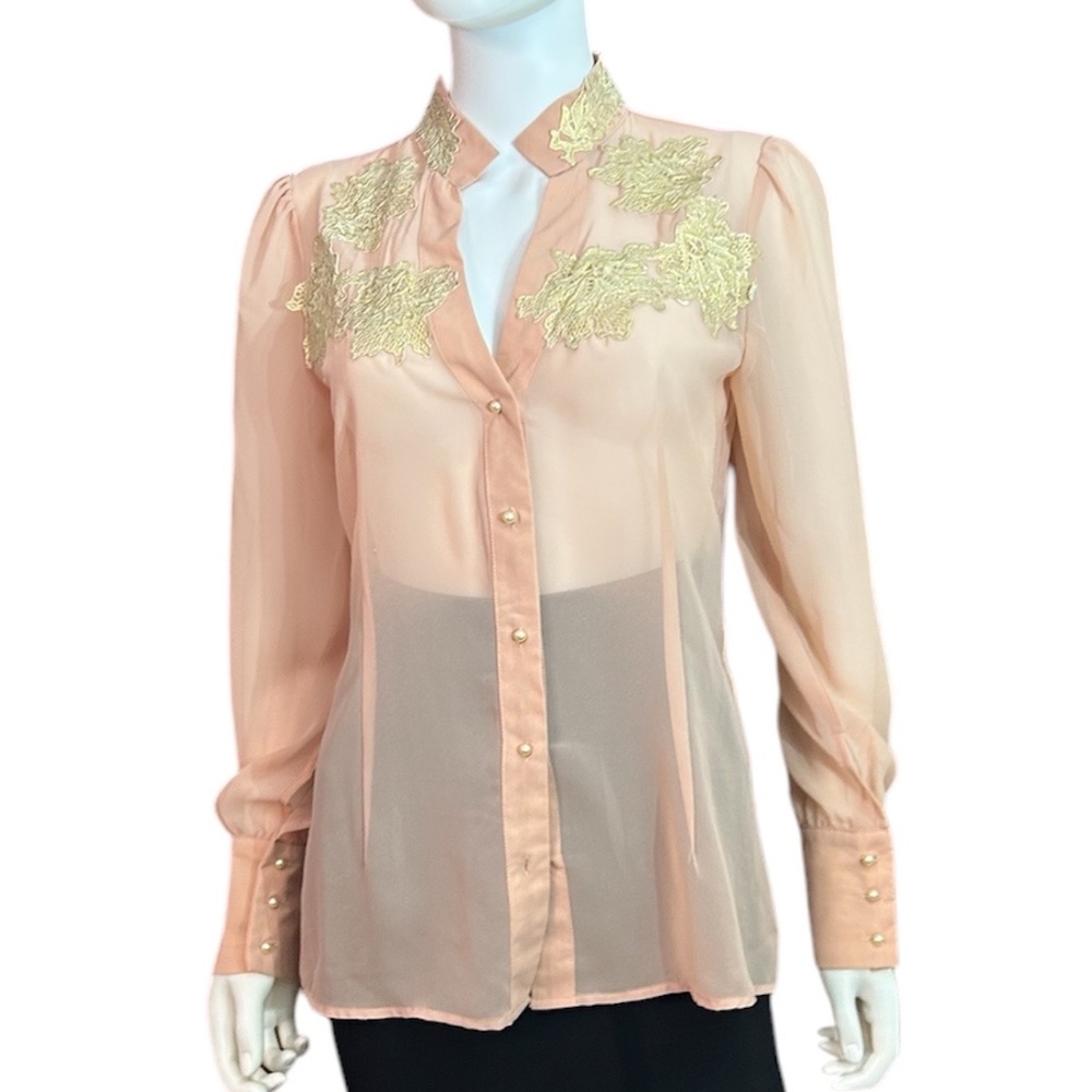 PatBO Sheer Peach Blouse with Gold Embroidery